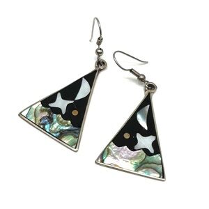 Vintage Alpaca Celestial Triangle Drop Earrings Mother of Pearl Abalone Shell